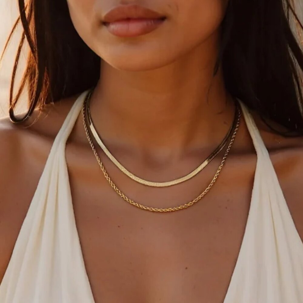 Necklace Layered Gold Herringbone & Rope Chain Necklace WATERPROOF 2 in 1 PRETTY